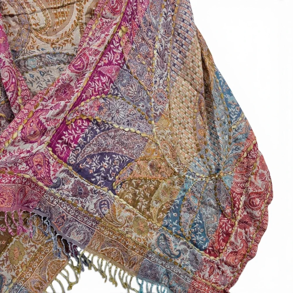 Raj Patchwork Paisley Ruana Kimono Fringe Wrap Boho Festival NWT One Size